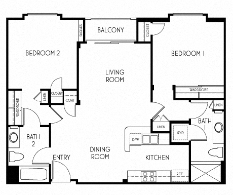 Floor plan for 2 beds, 2 baths, 950 sqft